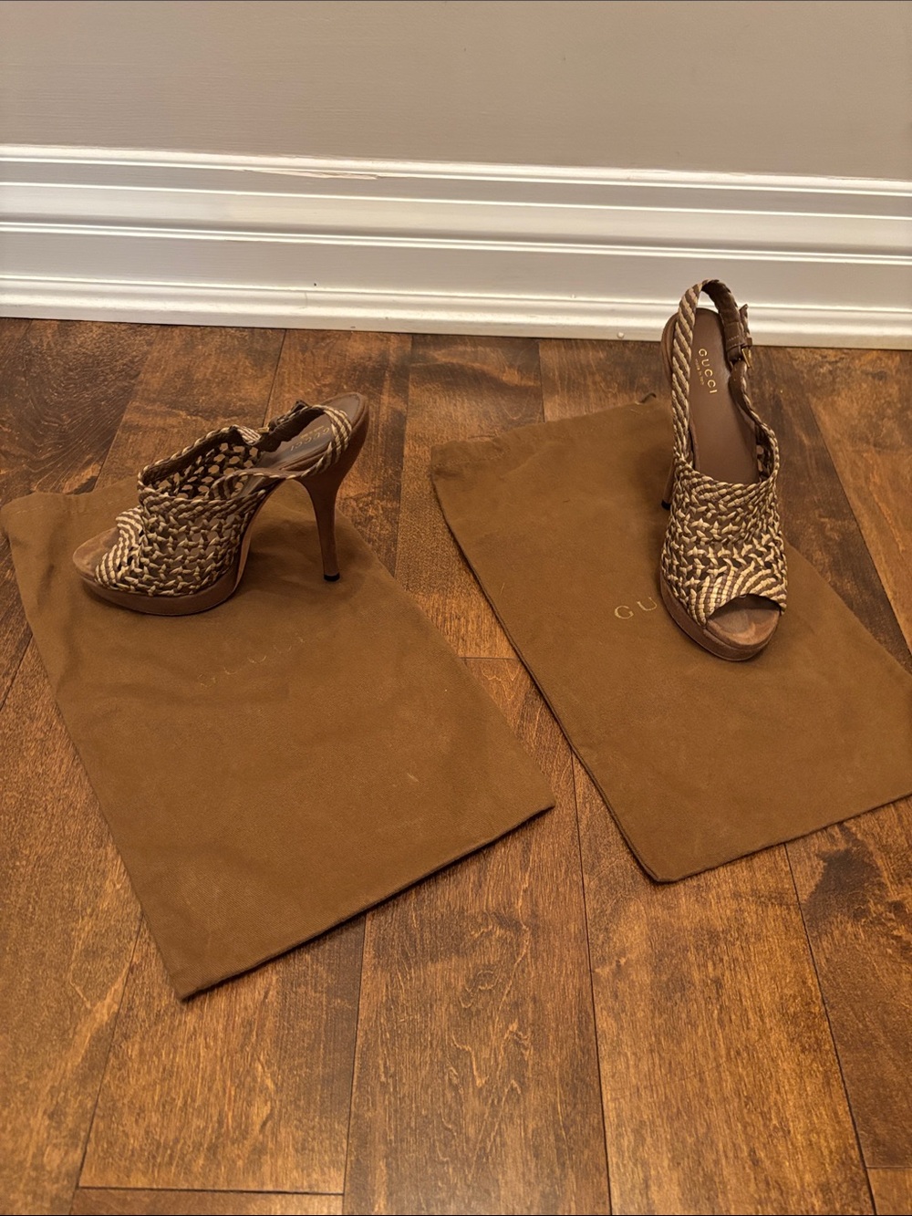 Gucci Braided Peep-Toe Slingback Heels in Two-Tone Brown